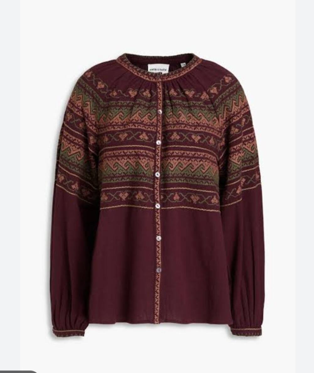 Antik Batik Luna Embroidered Cotton Blouse in Burgundy size S Boho Peasant